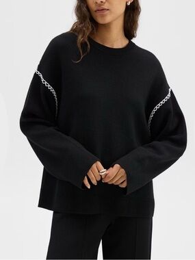 THEORY Black Merino Wool Blanket Stitch Sweater | Size S